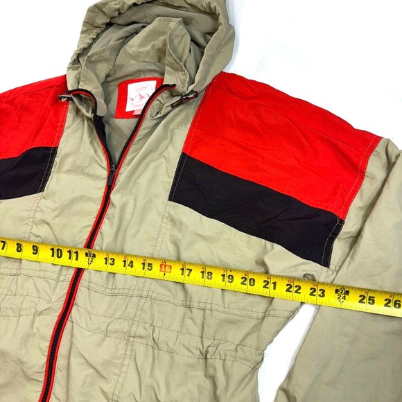 Outdoor Womens Windbreaker Sz M Beige Color Block Packable Hood Draw Cord - Picture 4 of 11
